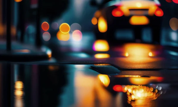 Light and shadows are reflected on the wet asphalt road. Auto on a blurred background, street after rain in the evening