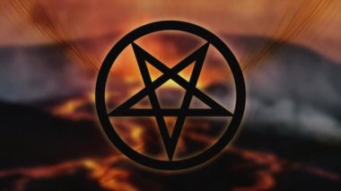 Inverted pentagram on the background of a volcanic eruption