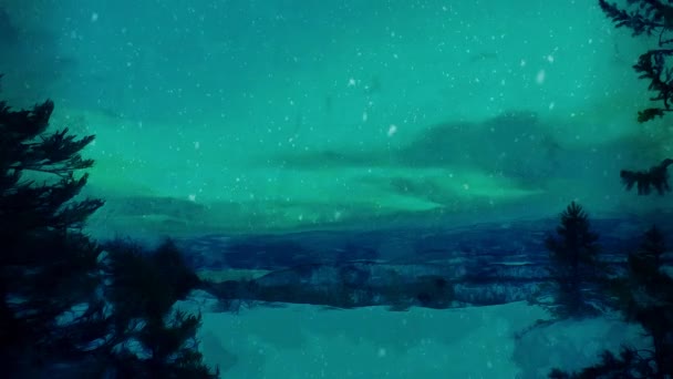 Neve Che Cade Sullo Sfondo Paesaggio Invernale Serale — Video Stock