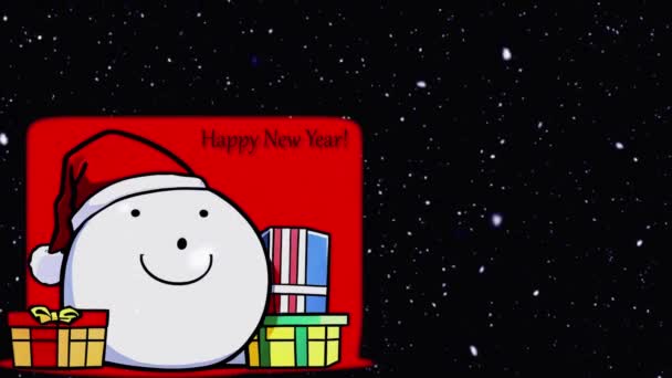 Glücklicher Schneemann Mit Neujahrsgeschenken Fallender Schnee Animation — Stockvideo
