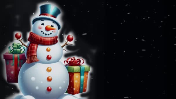 Щасливий Сніговик Подарунками Тлі Падаючих Сніжинок — стокове відео