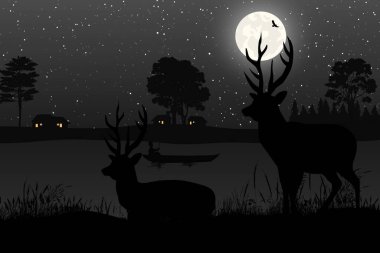 cute deer and moon silhouette landscape