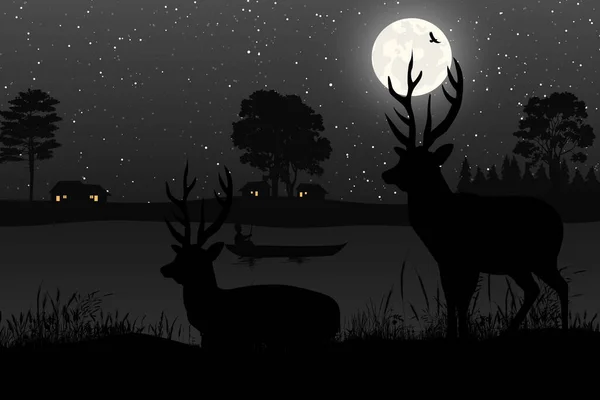 Cute Deer Moon Silhouette Landscape — Stock Vector