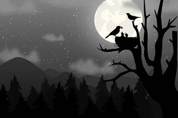 Mignon Oiseau Lune Silhouette Paysage — Image vectorielle