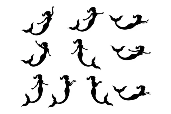 Carino Sirena Silhouette Illustrazione Set — Vettoriale Stock