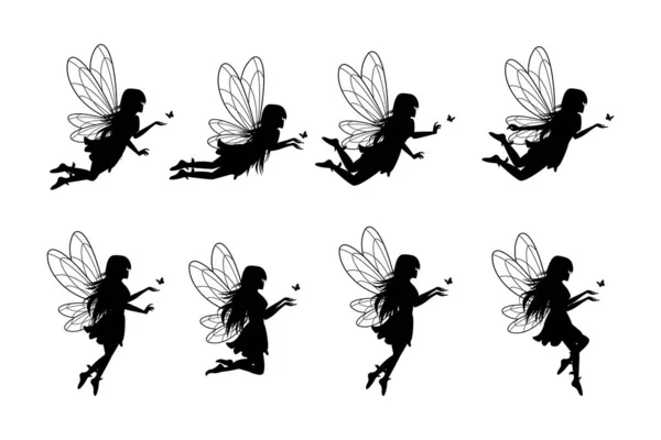 Cute Fairy Butterfly Silhouette Set — Stock Vector