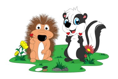 cute porcupine and skunk cartoon illustration