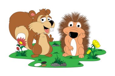 cute squirrel and porcupine cartoon illustration
