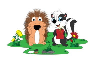cute porcupine and skunk cartoon illustration
