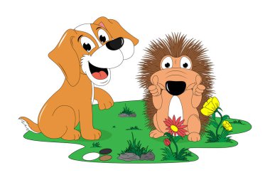 cute porcupine and dog cartoon illustration