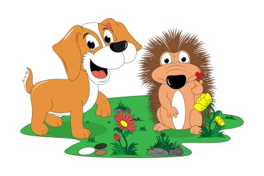 cute porcupine and dog cartoon illustration
