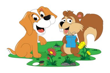 cute dog and squirrel cartoon illustration