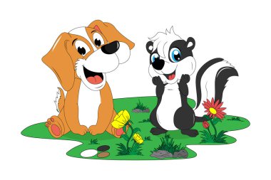 cute dog and skunk cartoon illustration