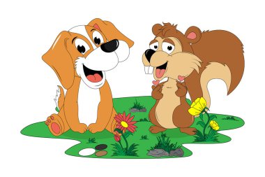 cute dog and squirrel cartoon illustration