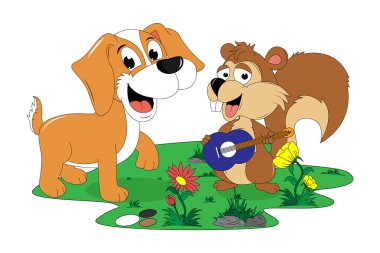 cute dog and squirrel cartoon illustration