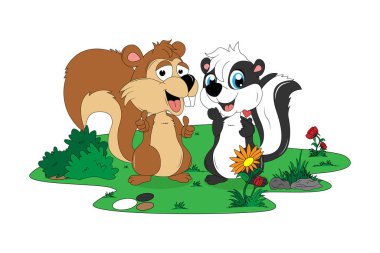 cute squirrel and skunk cartoon illustration