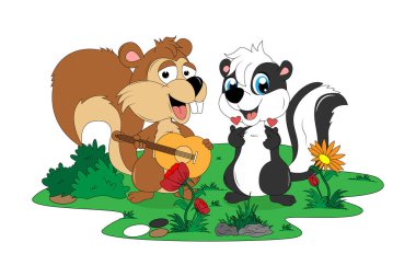 cute squirrel and skunk cartoon illustration