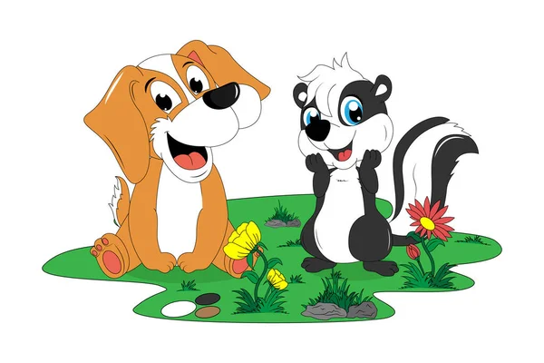 cute dog and skunk cartoon illustration