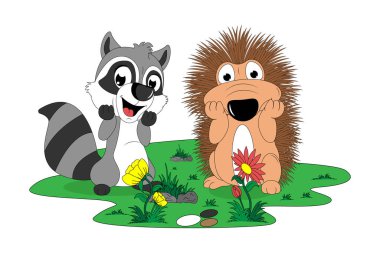 cute racoon and porcupine illustratin
