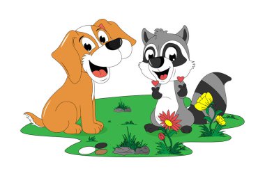 cute racoon and dog illustratin