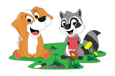 cute racoon and dog illustratin