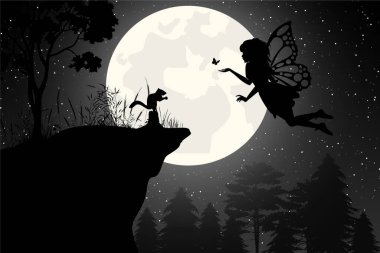 Tatlı peri ve ay silueti çizimi grafiği