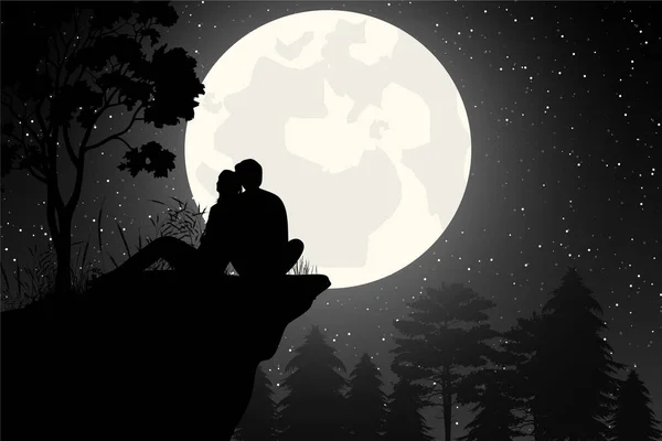 可爱的夫妇和月亮的轮廓图解 — 图库矢量图片