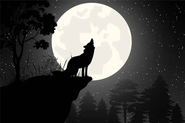 Schattig Wolf Maan Silhouet Illustratie Grafisch — Stockvector