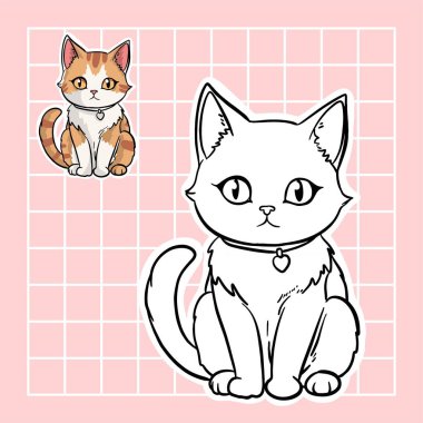  Bir renkli kedi ve bir siyah-beyaz boyama taslağı içeren şirin bir kedi boyama sayfası. İkisi de kalp şeklinde tasma takıyor. Arka planda pembe bir şablon var, eğlenceli ve eğlenceli bir dokunuş ekliyor
