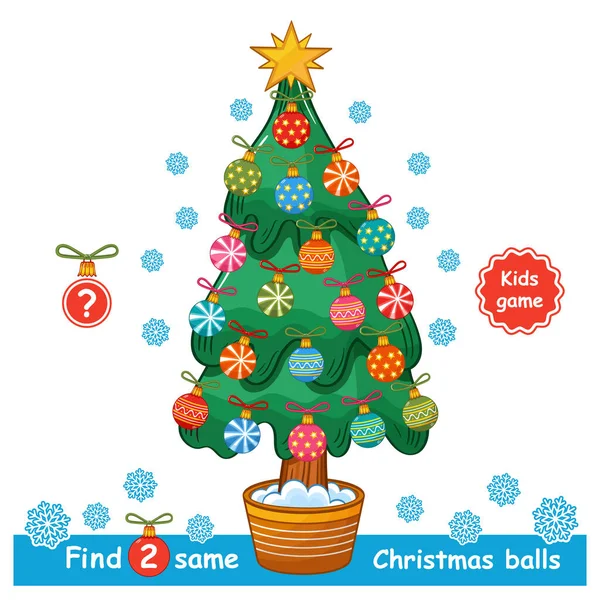 找两个相同的圣诞球 玻璃装饰树玩具教育孩子们的游戏 搜索挂在新年冷杉上的完全一样的圆形灌木丛 寒假圣诞装饰 学前拼图 逻辑学习练习 孩子书页 — 图库矢量图片