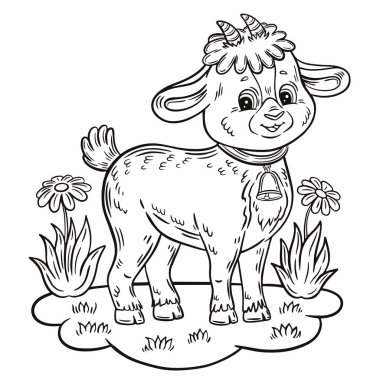 Şirin küçük keçi ya da koyun çiftliği hayvanlarının boyama kitabı sayfası. Çocuk eğitim oyunu. Komik boynuzlu yerli memeli çizgi film karakteri çim çayırında elinde çiçeklerle dikiliyor. Siyah-beyaz anaokulu boyama faaliyet çalışma çizelgesi. Vektör 