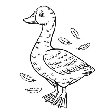 Cute goose or duck farm water bird with flying feathers line icon. Swan chick cartoon character. Children coloring book page. Kid education game. Domestic agriculture animal. Poultry meat food. Soft natural fluff. Outline colouring vector drawing  