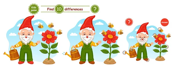 Cute garden gnome hold watering can, find 10 differences puzzle education children game. Fairytale gardening elf. Bees fly under flower. Search match. Gardener dwarf cartoon character. Magical small old man with beard. Kid preschool logic task vector