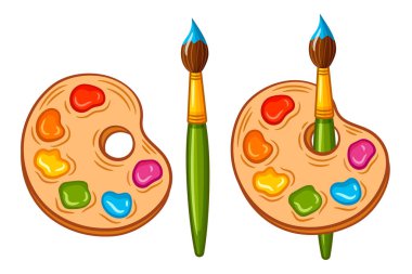 Artist paint palette with brush, art materials icon set. Paintbrush with artistic oil, acrylic or watercolor color swatches. Painter supplies. Children coloring book page. Stationery, education drawing studio. Hand drawn picture. Cartoon vector