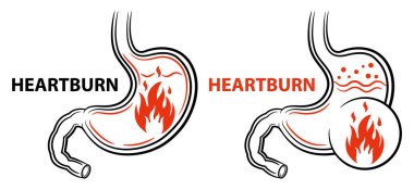 Mide yanması, mide yanması, mide yanması, mide iltihabı, GERD gastroözofageal asit reflü hastalığı, mide ülser çizgisi ikonu. Hazımsızlık sindirim sistemi, yüksek gastrointestinal asit, mide ağrısı. İnsan iç organları tıbbi tedavi. Vektör