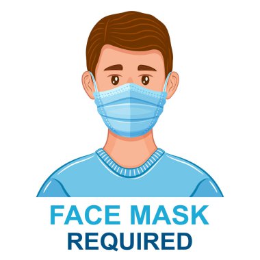 Tıbbi yüz maskesi takmak gerekiyor, hastane uyarısı. Hasta adam, doktor ağız, burun koruyucu hijyen solunum cihazı. Grip virüsü enfeksiyonuna karşı insan solunumu koruması. Önleme viral hastalıkları yaydı. Vektör