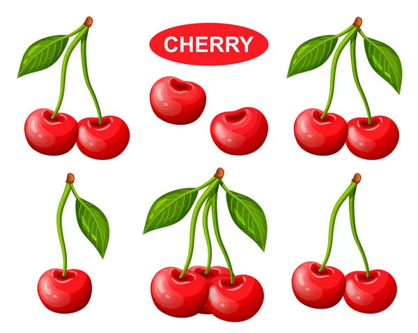 Rode Kers Bessen Fruit Tak Met Bladeren Pictogram Set Verse — Stockvector