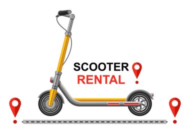 Elektronik tekme scooter kiralama, e-scooter paylaşım servis simgesi. Halka açık bir motosiklet kirası. Çevrimiçi GPS navigasyon rota takip teknolojisi. Park yeri haritasını yükle. Speed Caddesi Çevre Yolu Taşımacılığı. İnternet mobil uygulaması. Vektör