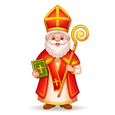 Şirin Aziz Nicholas ya da Sinterklaas karakteri, mutlu kış tatilleri. Hristiyan Noel Baba 'nın çocuklara hediye vermesi komik. Din kostümlü yaşlı adam, şapka tutma kitabı, sopa. Tebrik kartını kutla. Çizgi film vektörü 