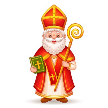 Cute Saint Nicholas or Sinterklaas character, happy St Nicolas winter holiday day. Funny Christmas Christian Santa person give gift children. Old man with beard in religion costume, mitre hat hold book, stick. Celebrate greeting card. Cartoon vector  clipart