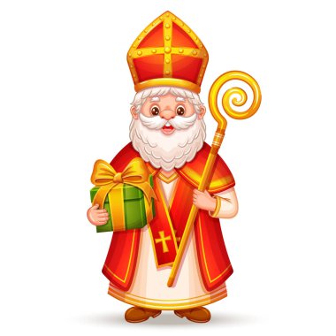 Cute Saint Nicholas or Sinterklaas character with children gift box, happy St Nicholas winter holiday day. Christian bishop in religion festive costume hold surprise present. Funny Christmas Santa magic old man. Kid greeting card. Cartoon vector clipart