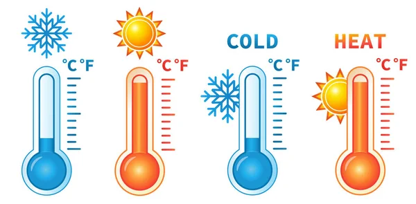 뜨겁고 차가운 온도계 눈송이 아이콘 세트와 따뜻한 측정기 표시등 — 스톡 벡터