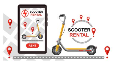 Elektronik tekme scooter kiralama, online kira e-scooter motosiklet mobil telefon uygulaması. Elektro motorsiklet şehri paylaşım servisi. Elektrikli bisiklet nakliyesi. İnternet akıllı telefonu GPS navigasyon rotası takibi. Otopark istasyonu konumu. Vektör
