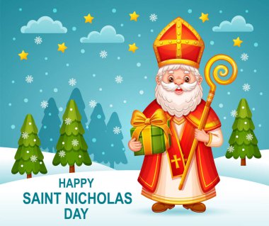 Mutlu Aziz Nicholas bayramı, çocuklar için hediye kutusu olan şirin Sinterklaas çizgi film karakteri. Aziz Nicholas kış kutlaması. Geleneksel din kostümlü Hıristiyan piskopos. Noel Baba yaşlı adam. Çocuk kutlama kartı. Vektör 