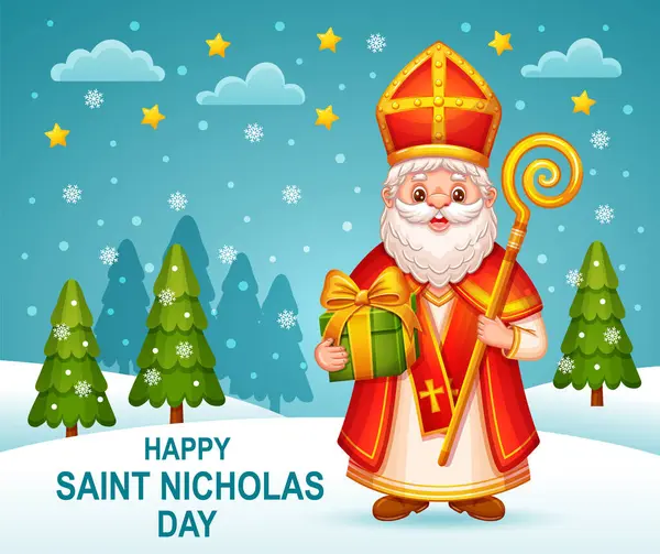 Mutlu Aziz Nicholas bayramı, çocuklar için hediye kutusu olan şirin Sinterklaas çizgi film karakteri. Aziz Nicholas kış kutlaması. Geleneksel din kostümlü Hıristiyan piskopos. Noel Baba yaşlı adam. Çocuk kutlama kartı. Vektör 