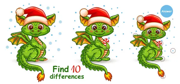 Şirin Noel fantezi ejderhası, dinozor, 10 farklı eğitimli çocuk bulmaca oyunu bul. Çin Yeni Yıl Zodyak hayvan karakteri. Peri canavarı. Noel Baba şapkalı komik sihirli ateş kertenkele sürüngeni. Arama eşleşti. Çocuk anaokulu mantıksal görev vektörü