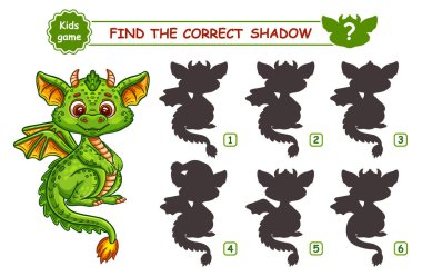 Şirin fantezi ejderha canavarı ya da dinozor, doğru gölge şeklini bul. Çocuk eğitim bulmacası eşleştirme oyunu. Komik sihirli ateş kertenkelesi. Peri uçan sürüngen hayvan çizgi film karakteri. Sağ silueti arayın. Çocuk anaokulu mantıksal öğrenme görevi. Vektör