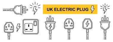 İngiliz elektrik prizi ve soketi, İngiliz elektrik prizi ikonu seti. İngilizce üç aksesuar kablo bağlayıcı. Elektrik enerjisi kaynağı. Elektro ekipman kablosu bağlantısı. Ev duvarı akım düğmesi. Şarj ediliyor, fişi çekiliyor. Tehlike voltajı. Vektör