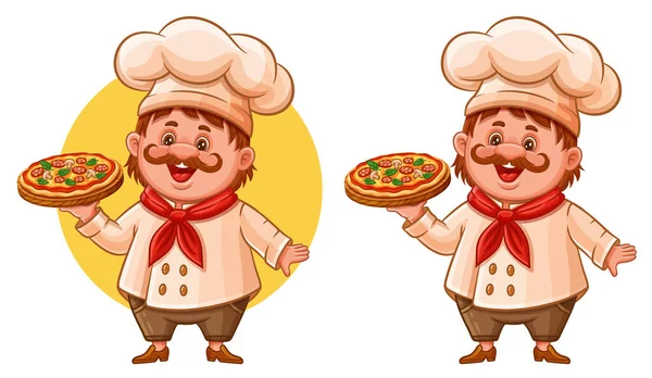 Tatlı pizza şefi, fırıncı pizza ustası, elinde peynir ikonlu sıcak İtalyan fast food tepsisi. Aşçı şapkalı komik bir aşçı karakteri. İtalyan mutfağı öğle yemeği menüsü. Restoran garsonu yemek servisi yapıyor. Yemek servisi. Vektör çizimi