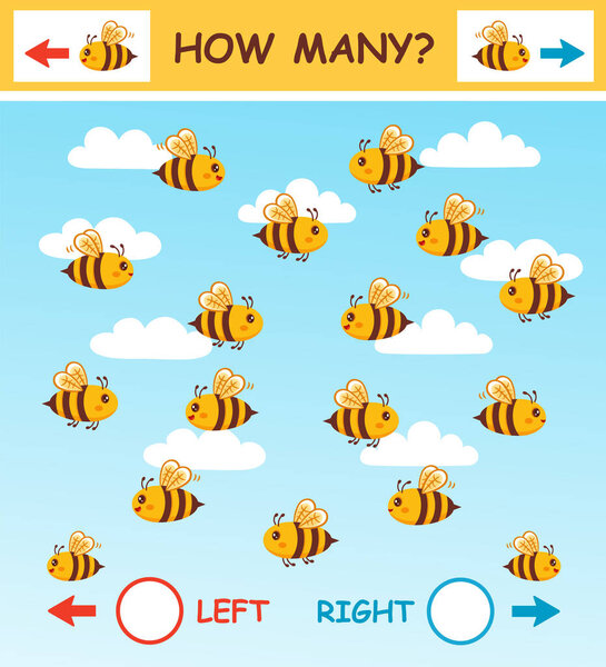 Сколько пчел летает влево, правильное направление, математика детей игра-головоломка образования. Ребенок учится пространственной ориентации. Математика подсчитывает количество полосатых пчёл, шмели или осиного насекомого, персонажа мультфильма о животных. Дошкольная логическая задача. Вектор 